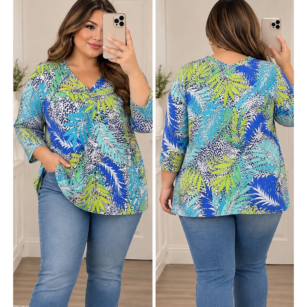 Ruby Rd Favorites Tropical Palm Leaf V-Neck 3/4 Sleeve Top Blue Green XL